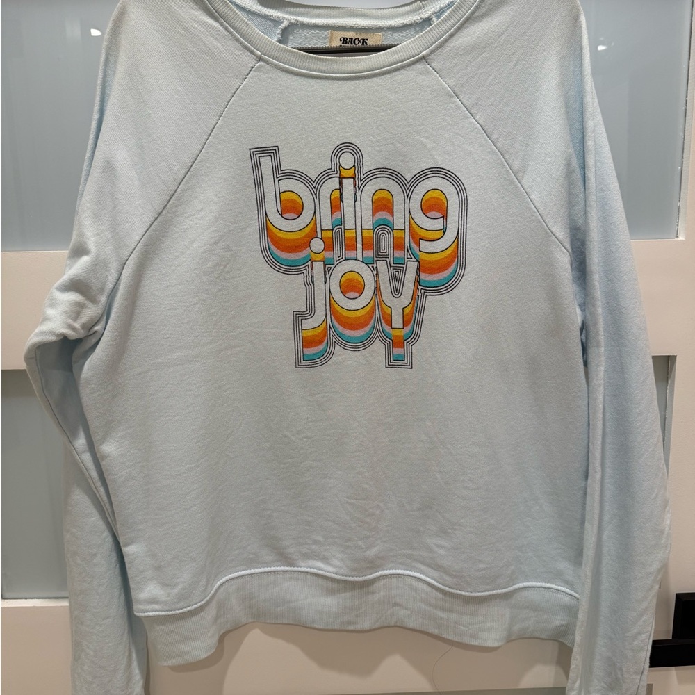 Anthropologie Light Blue Sweatshirt ‘bring joy’ retro font